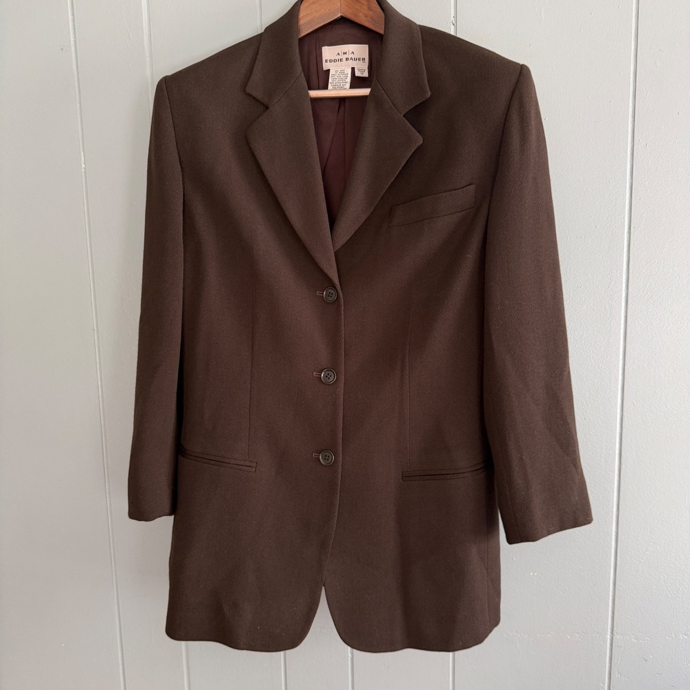 AKA Eddie Bauer Womens 12 Chocolate Brown 100% Wool 3-Button Longline Blazer 90s - Picture 5 of 14